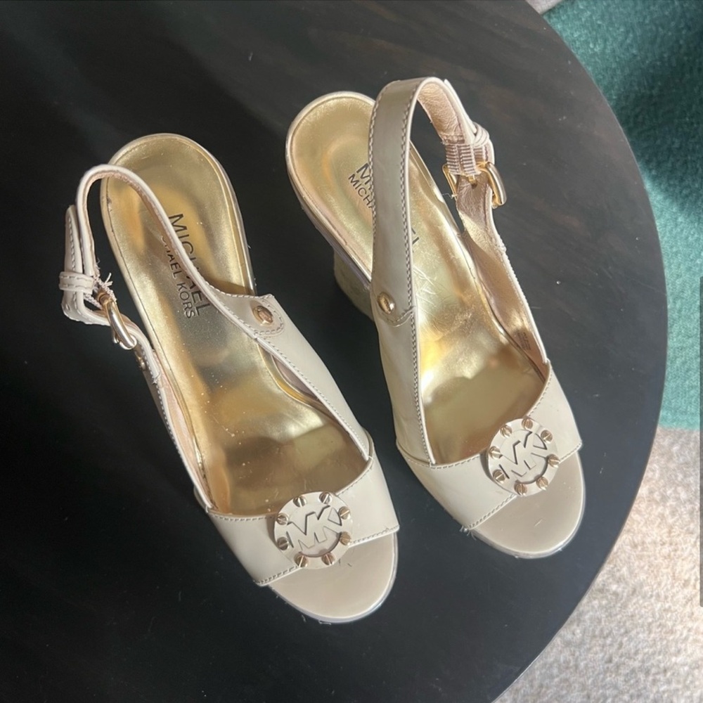 Michael Kors Beige Patent Leather Wedge Sandals - Picture 4 of 6